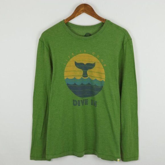 Life Is Good Men's Medium Green Blue 'Dive In' Graphic Crewneck Long Sleeve Tee - Picture 1 of 7